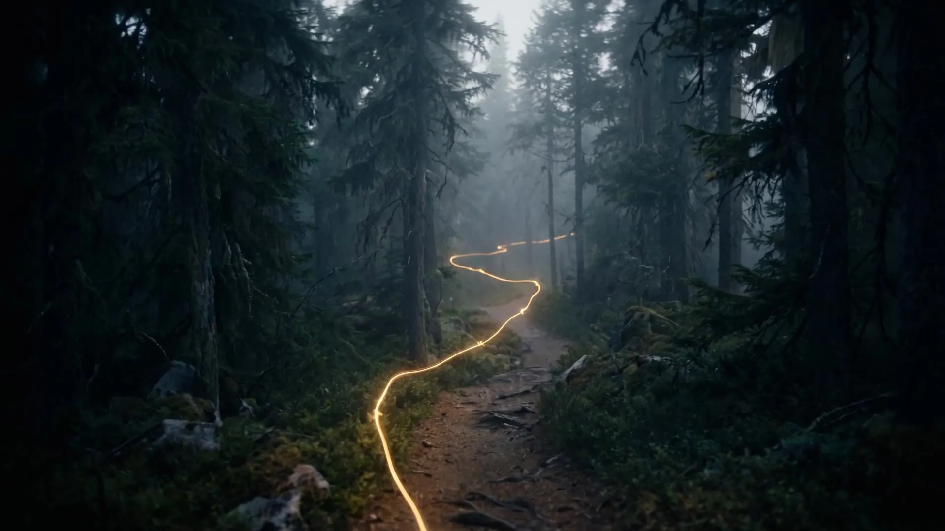Trilha entrando numa floresta à noite, com um fio de luz dourada flutuando.