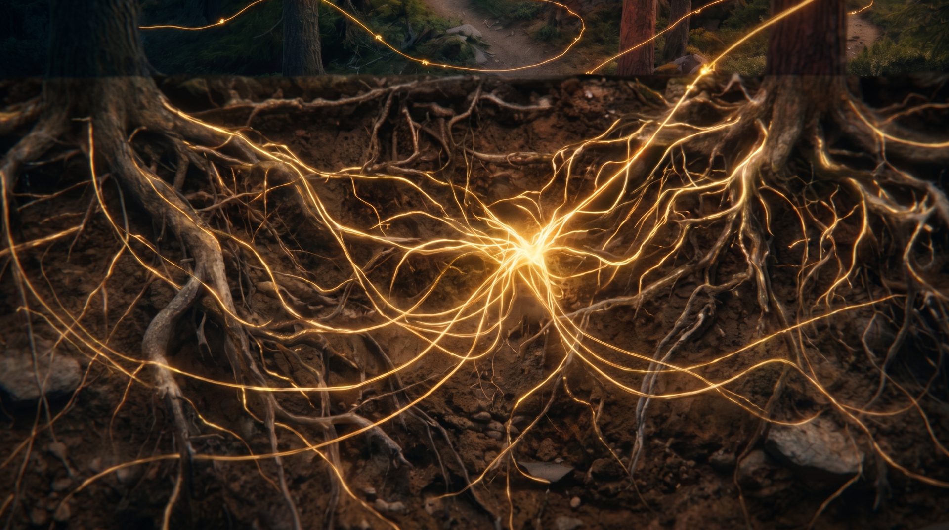 Rede de raízes entrelaçadas sob a floresta, com luz dourada correndo por dentro como seiva.